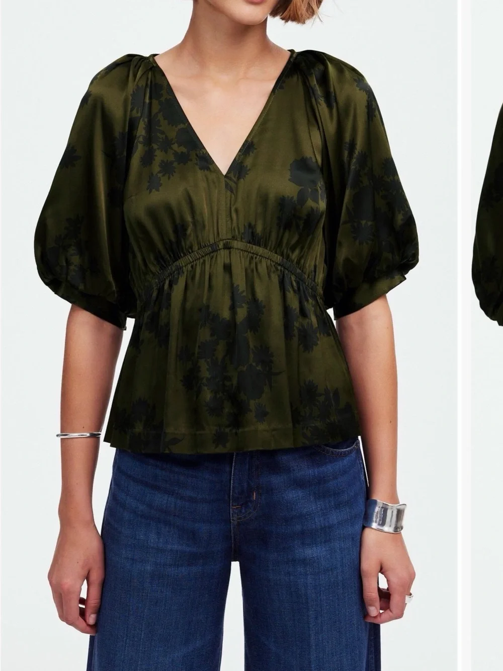 Madewell Shirred Puff Sleeve Satin Top